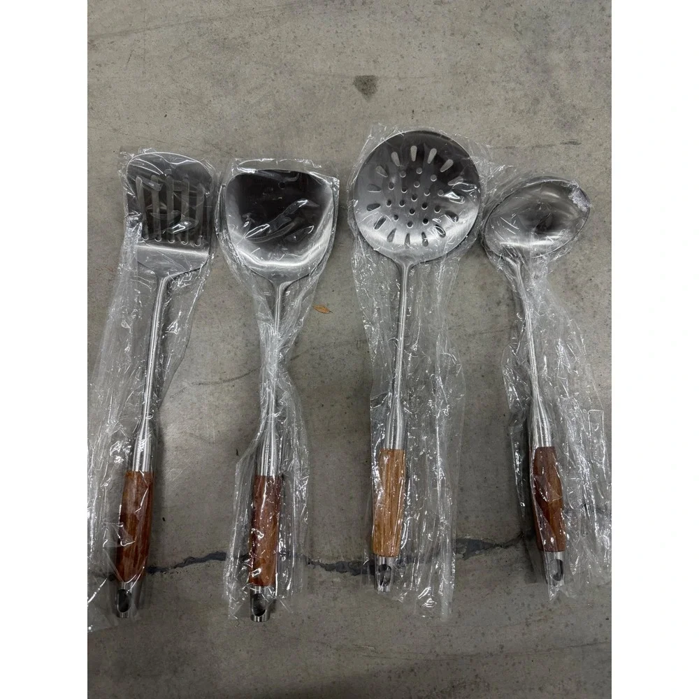 4pc Stainless Steel Kitchen Utensil Set Wood Handle Ladle Skimmer Turner Spatula